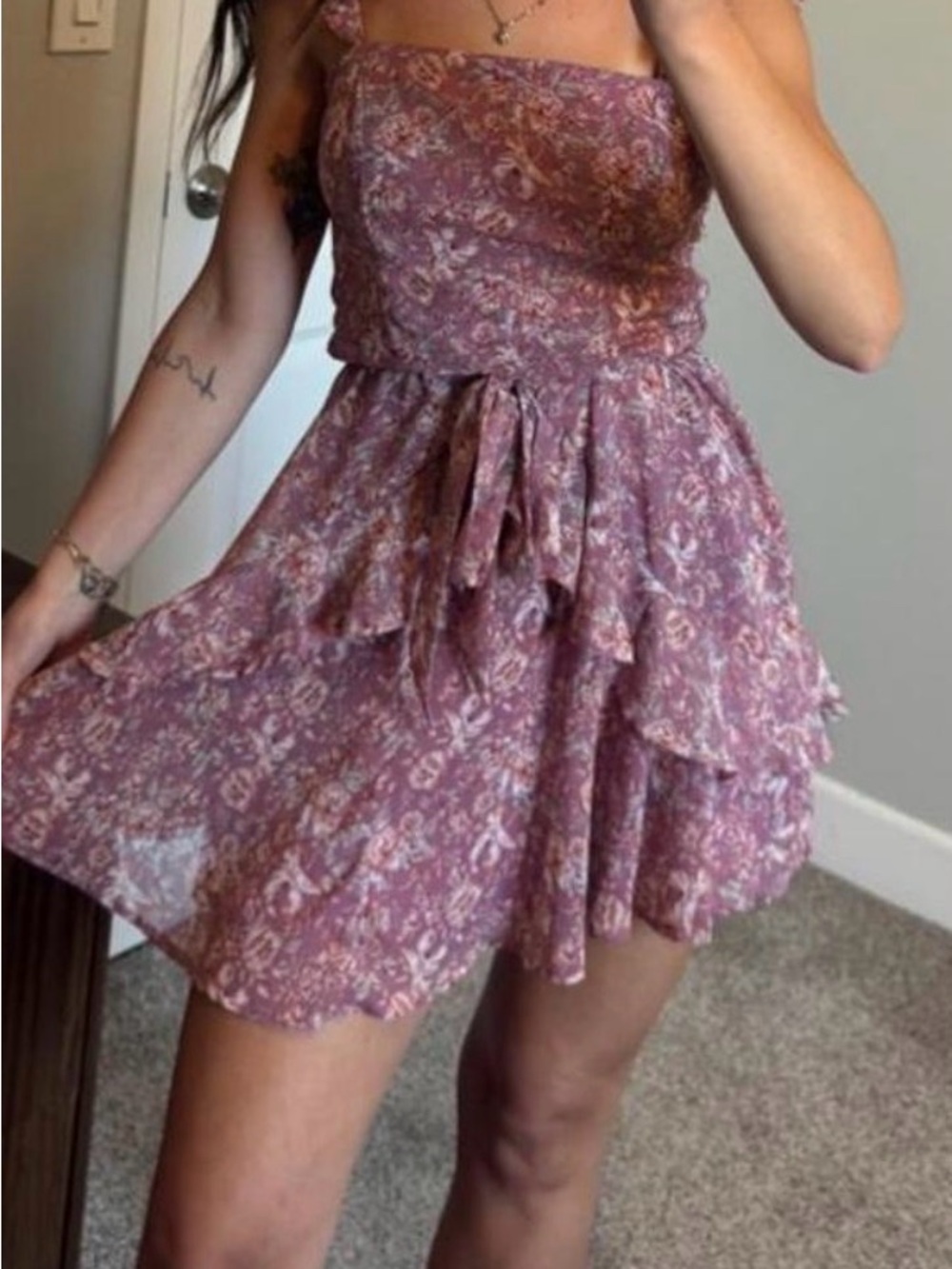 Floral Ruffle Tie-Waist Sundress in Dusty Rose